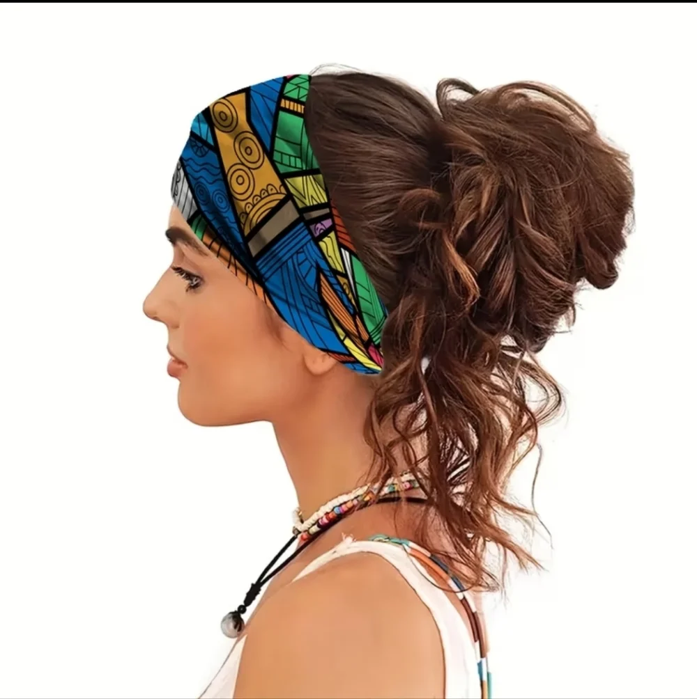 Boho Geometric Print Headband, Wide, Polyester Knit